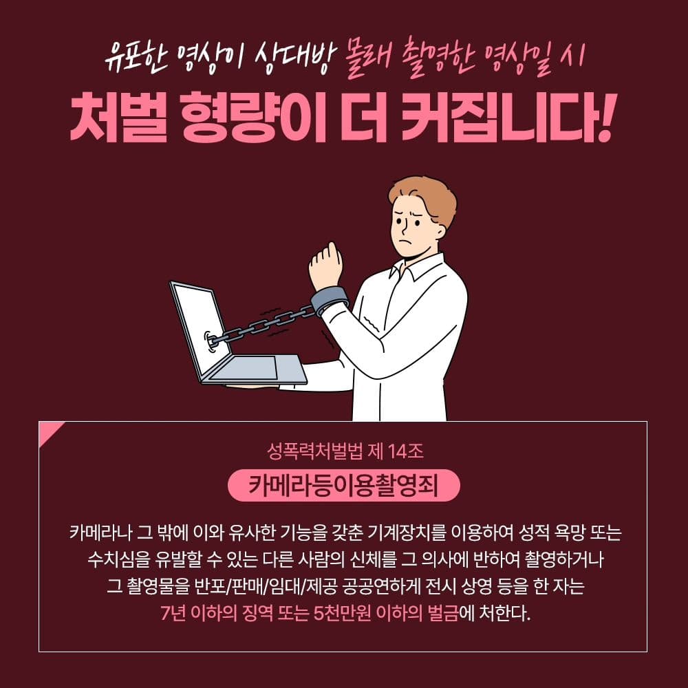 📸 카메라나 이와 유사한 기능을 갖춘 기계장치를 이용하여 음란물을 유포하였을 경우 강력한 처벌을 받게 됩니다3번째이미지