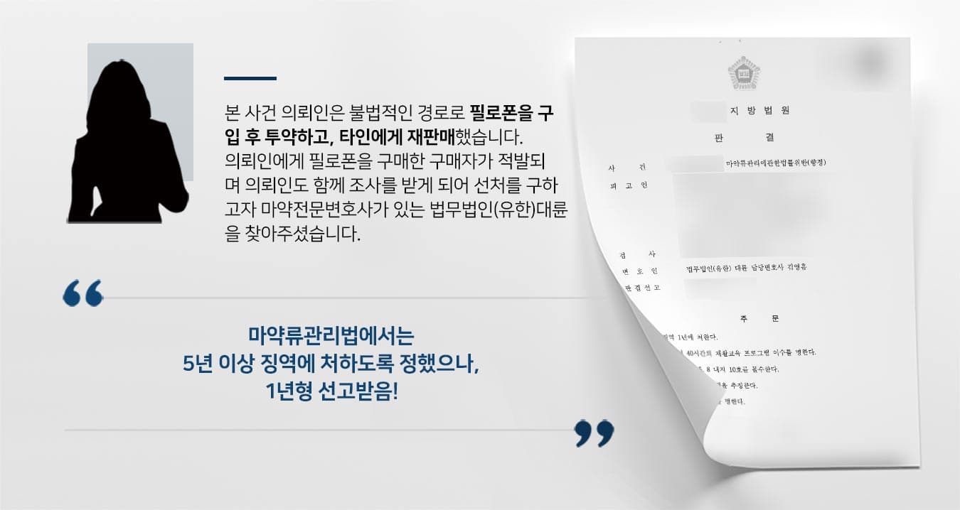 본 사건 의뢰인은 타인의 명의를 도용하여 향정 신성 의약품을 처방받았습니다. 이미 동종 범행 으로 형사처벌을 받은 전력이 있는 상황에서 또 다시 장기간의 범행이 적발되어 징역형 실형이 예상되는 상황이라, 형사·마약전문변호사가 있는 법무법인(유한)대륜을 찾아주셨습니다.   대륜의 조력으로 사기, 마약향정, 주민등록법 위반 등 다수의 위법행위에도 집행유예로 방어함! 
