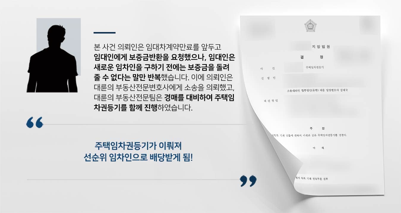 본 사건 의뢰인은 임대차계약만료를 앞두고 임대인에게 보증금반환을 요청했으나, 임대인은 새로운 임차인을 구하기 전에는 보증금을 돌려 줄 수 없다는 말만 반복했습니다. 이에 의뢰인은 대륜의 부동산전문변호사에게 소송을 의뢰했고, 대륜의 부동산전문팀은 경매를 대비하여 주택임 차권등기를 함께 진행하였습니다. 주택임차권등기가 이뤄져 선순위 임차인으로 배당받게 됨!