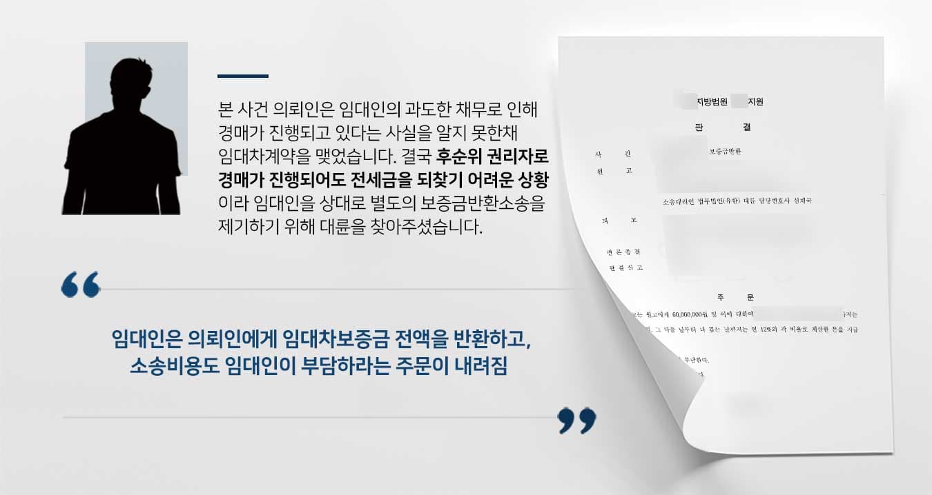 경매를 앞두고 전세보증금반환청구소송 진행, 부동산소송전문변호사 조력으로 승소