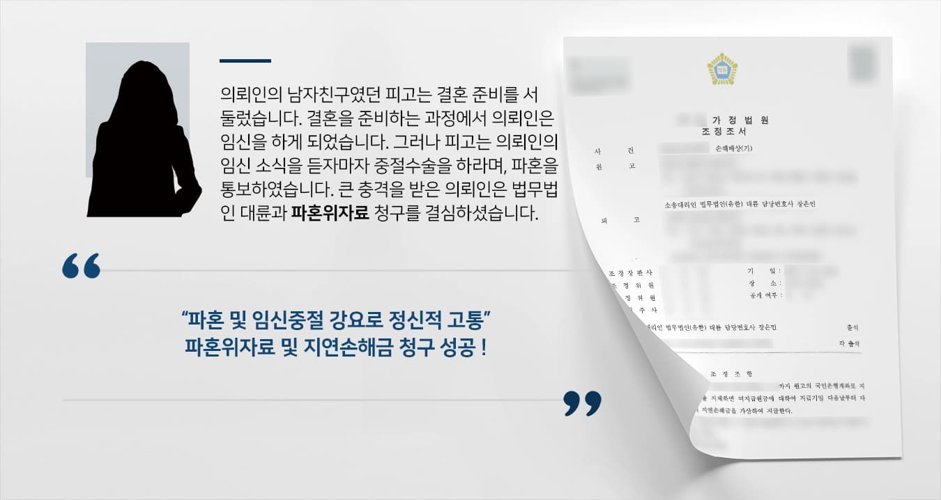 의뢰인의 남자친구였던 피고는 결혼 준비를 서둘렀습니다. 결혼을 준비하는 과정에서 의뢰인은 임신을 하게 되었습니다. 그러나 피고는 의뢰인의 임신 소식을 듣자마자 중절수술을 하라며, 파혼을 통보하였습니다. 큰 충격을 받은 의뢰인은 법무법인 대륜 이혼전문변호사와 파혼위자료를 청구하기로 결심하셨습니다.