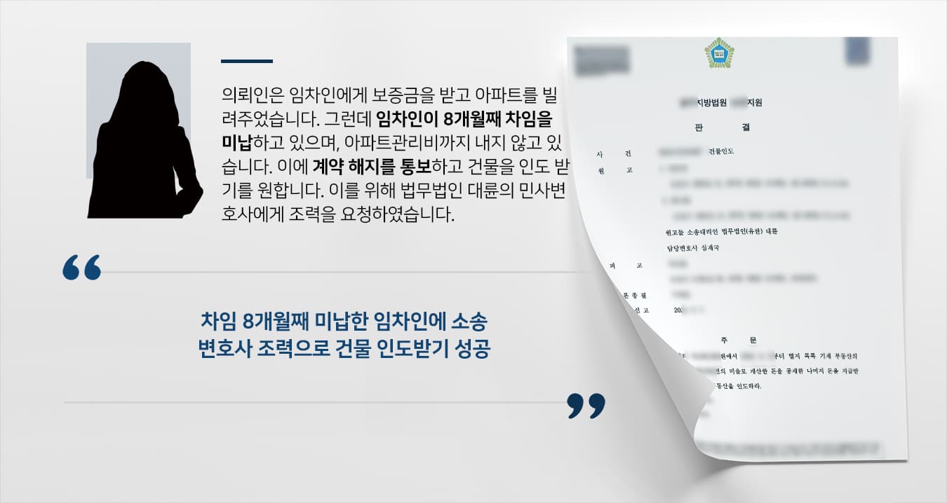 [부동산소송 승소] 민사변호사 조력으로 차임 밀린 임차인으로부터 건물인도 성공