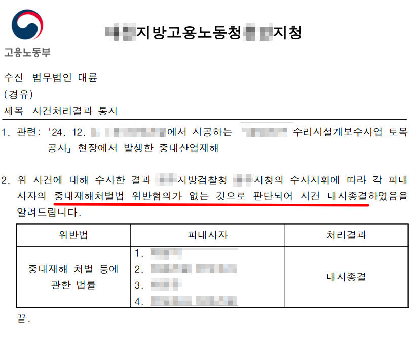 중대재해법 내사 종결 마무리