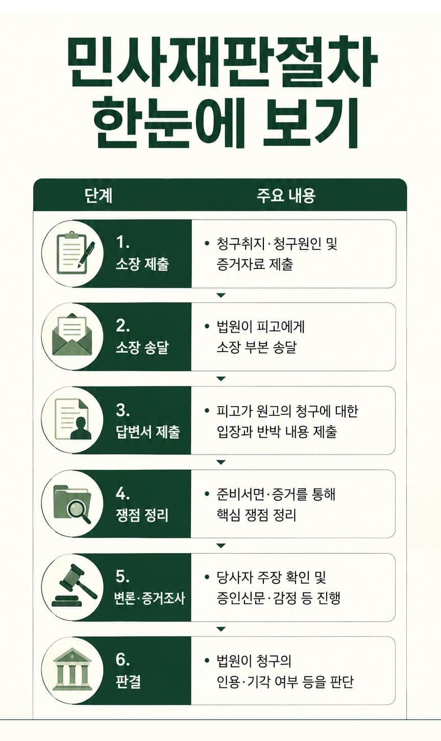 민사재판절차에서 준비해야 할 증거자료와 주요 대응 방법을 설명하는 모습