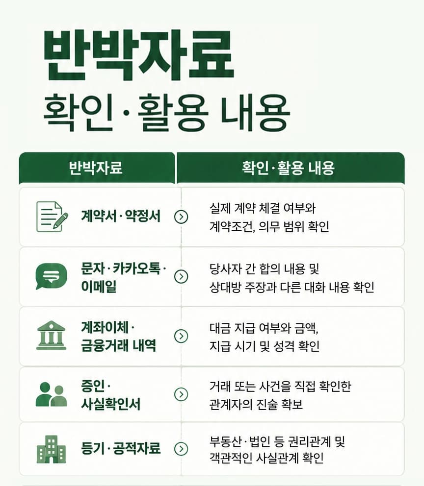 민사재판절차의 단계별 진행 과정과 당사자가 준비할 사항을 정리한 이미지