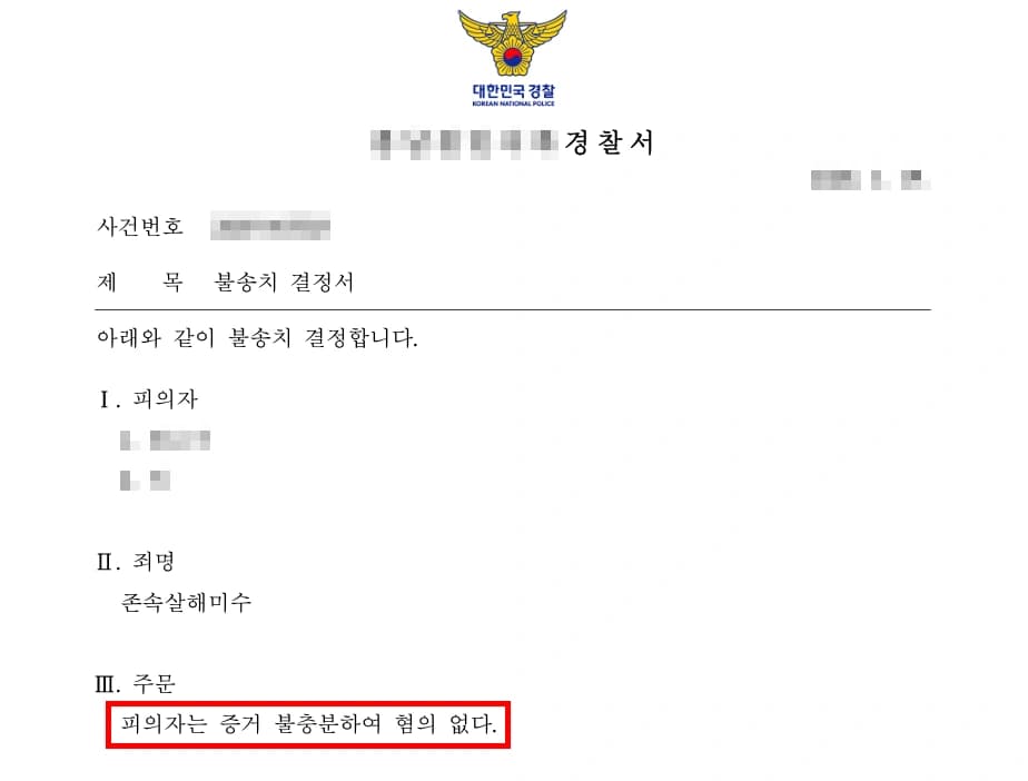 살인미수형량, 존속살해미수 혐의 불송치 결정